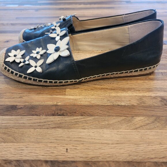 Michael Kors Lola Leather Floral Slip On Espadrille Flats, Black/White & Jute - Picture 5 of 14